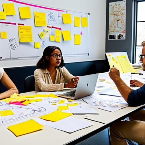 **

A diverse team collaborating around a table covered with sketches and prototypes, embodying design thinking. Post-it notes are scattered around, showcasing a brainstorming session. The atmosphere is energetic and creative, with natural light streaming in. Include laptops displaying data analysis dashboards in the background.

**