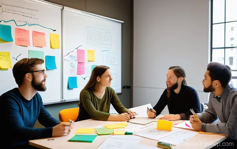 디자인 사고의 개념과 역사적 배경 - **Human-Centered Design Thinking Session**: A diverse group of four to five young professionals (men...