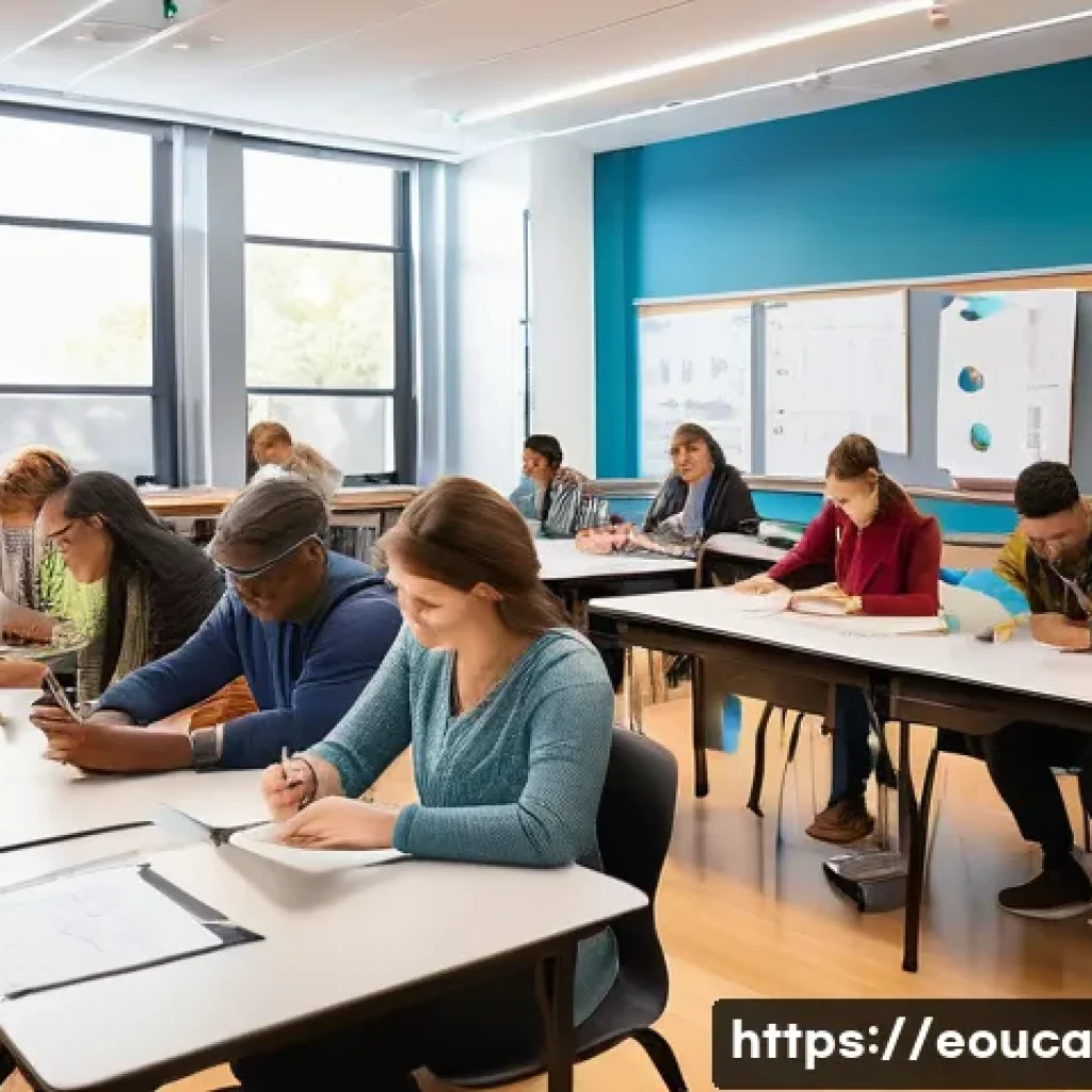 디자인 사고 교육에서의 실습 피드백 제공 - A bright, modern classroom setting where diverse adult learners are actively engaged in hands-on des...