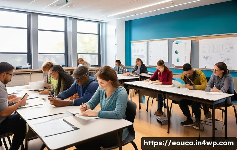 디자인 사고 교육에서의 실습 피드백 제공 - A bright, modern classroom setting where diverse adult learners are actively engaged in hands-on des...