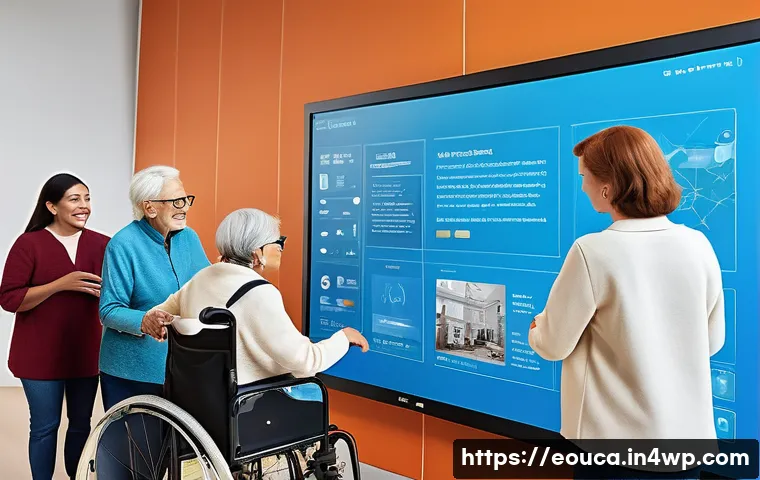 디자인 사고의 윤리적 고려사항 - A diverse group of people including elderly, visually impaired, and wheelchair users engaging with a...