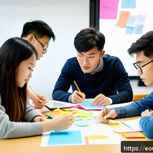 Home 17 디자인 사고 교육에서의 인재 양성 전략 - A diverse group of university students engaged in a collaborative design thinking workshop, gathered...