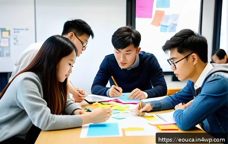 디자인 사고 교육에서의 인재 양성 전략 - A diverse group of university students engaged in a collaborative design thinking workshop, gathered...