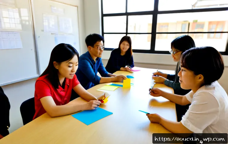 디자인 사고 교육에서의 창의적 사고 기법 - Photorealistic design thinking workshop in a bright modern classroom, diverse adult learners gathere...